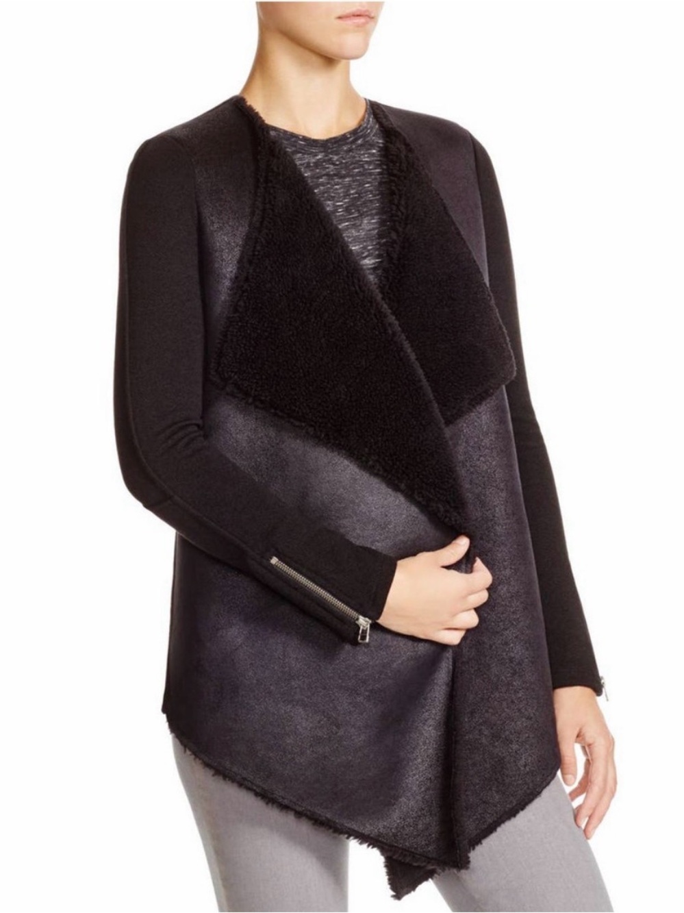Velvet by Graham & Spencer Black Drape Faux Shearling Knit Open Front Jacket M
